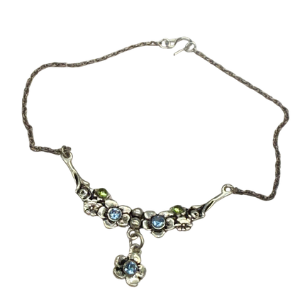 Silver Flower Design W/ Green Blue Rhinestone Doll Necklace • 18” Doll Jewelry