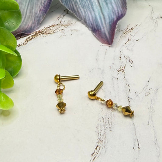 Amber Golden Clear Crystal Dangle 2mm Post Doll Earrings • fits 18 Inch Fashion Doll • American Girl