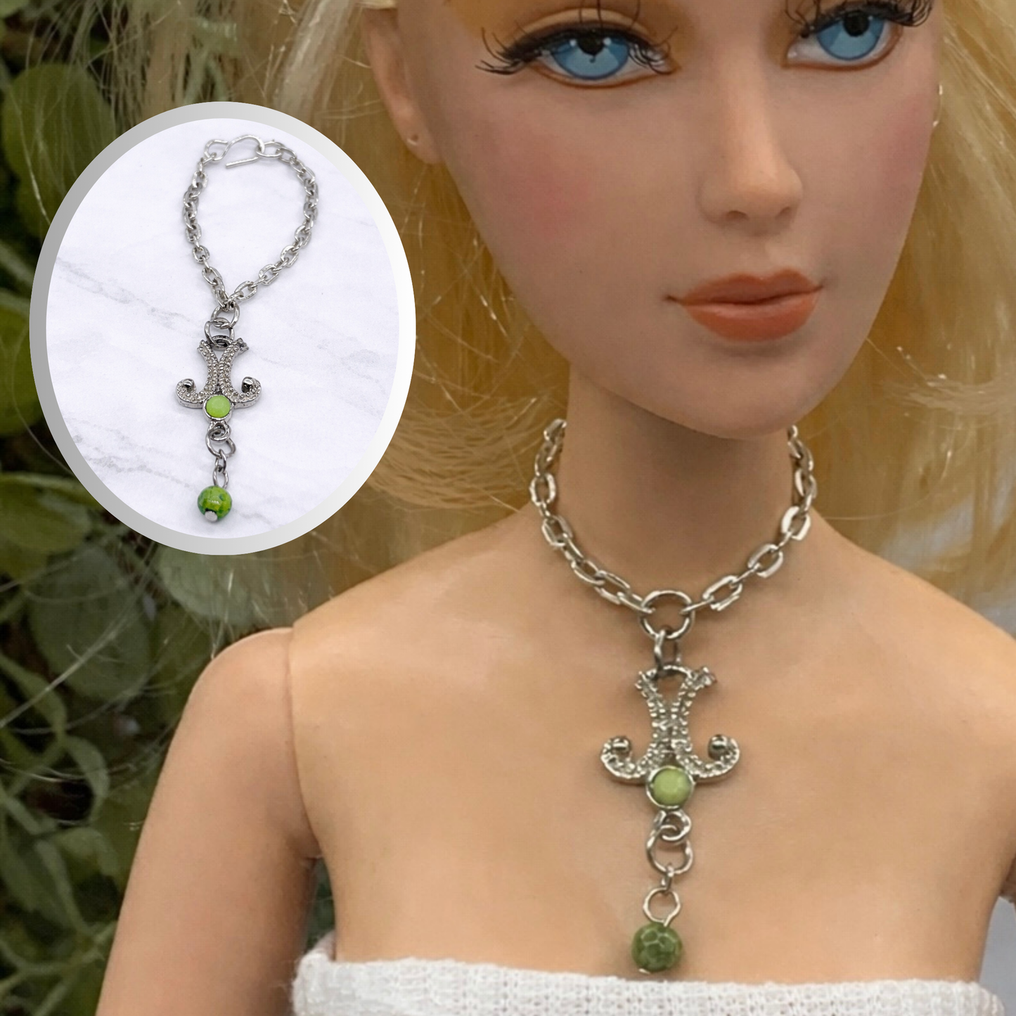 Green Dangle Silver Pendant Necklace • 16 inch Fashion Doll Jewelry