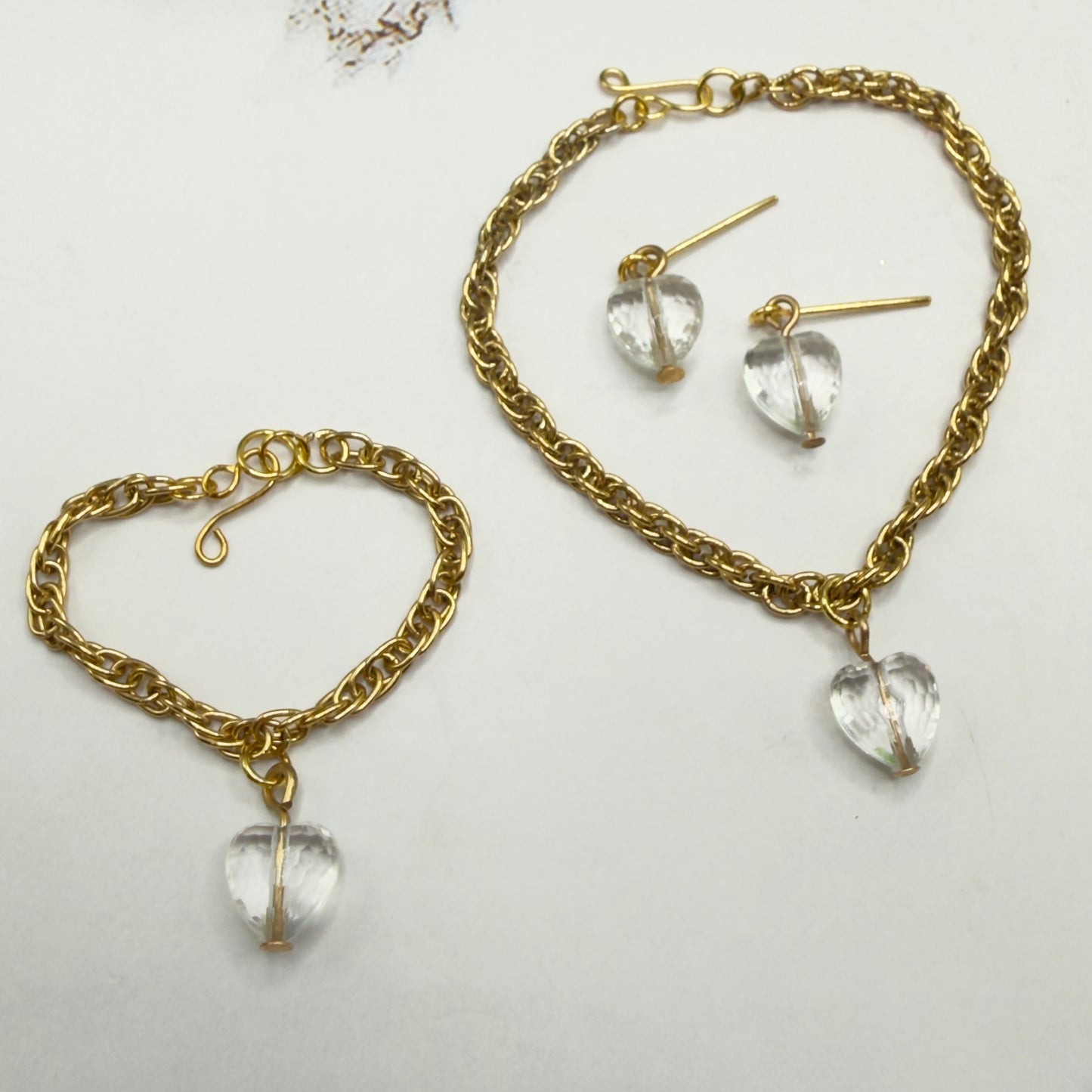 Clear Heart Charm Gold Chain Doll Necklace Bracelet & Earrings • 18 Inch Fashion Doll Jewelry