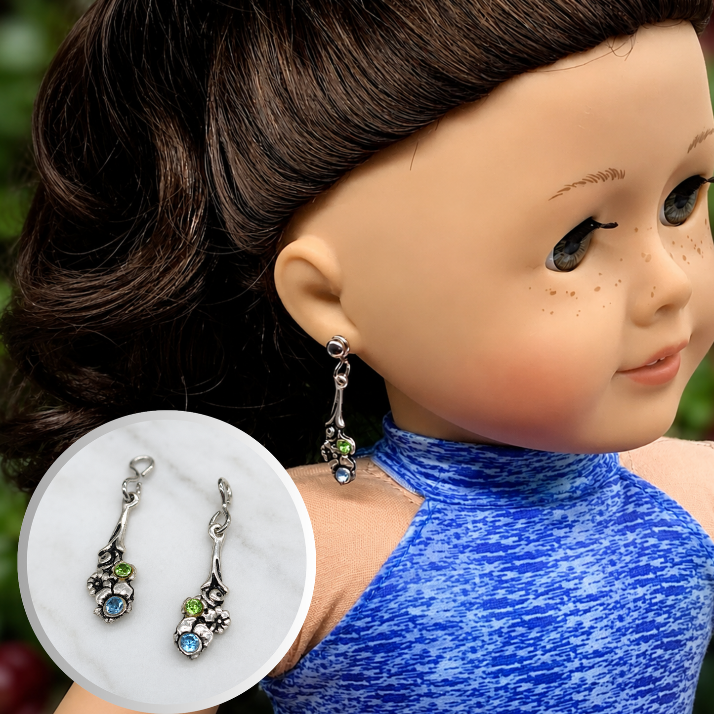 Blue Green Rhinestone Silver Flower Design Earring DANGLE ONLY• 18” Doll Jewelry