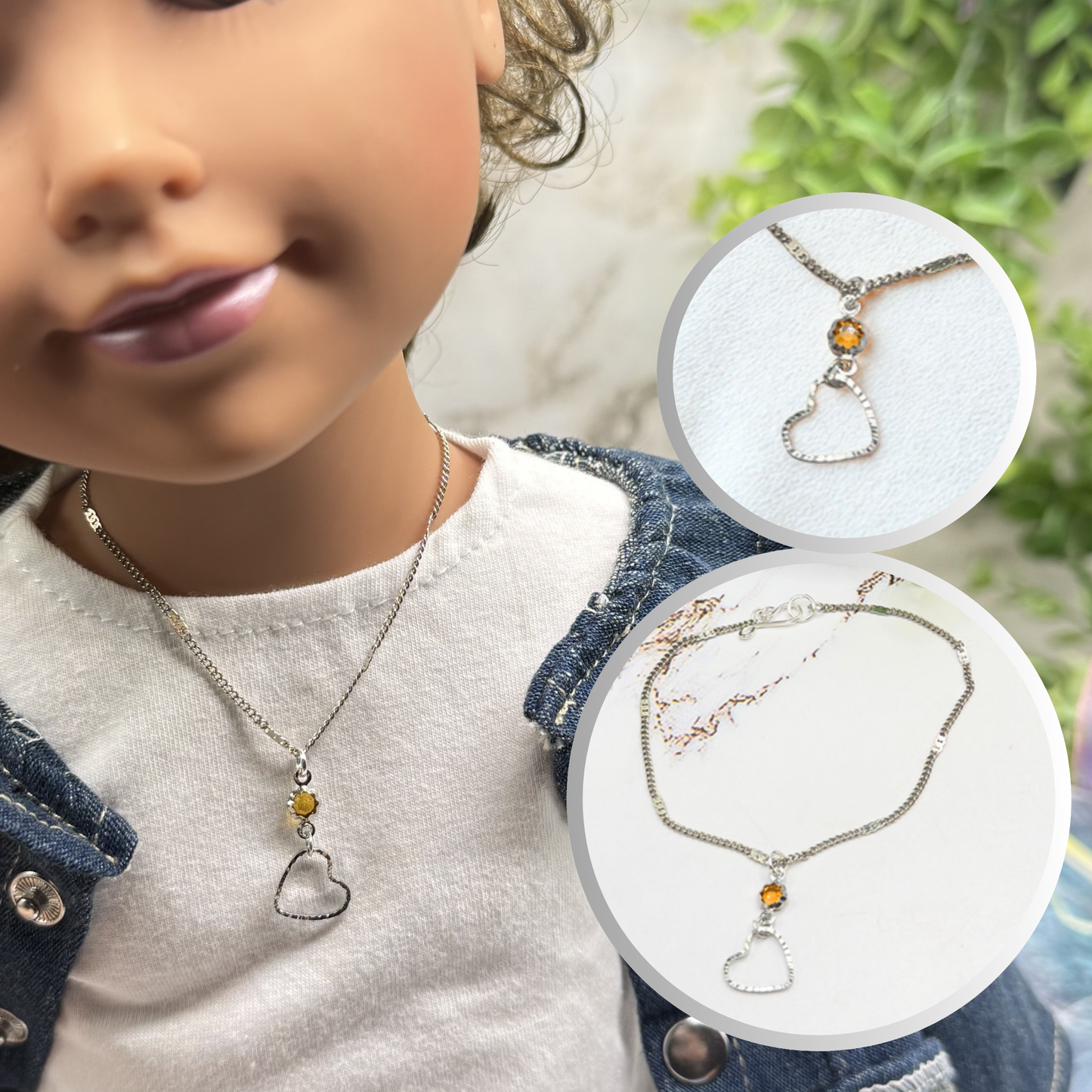 Yellow Orange Crystal Silver Open Heart Charm Doll Necklace • 18 Inch Fashion Doll Jewelry