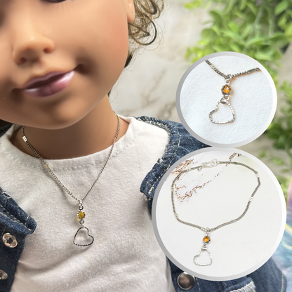 Yellow Orange Crystal Silver Open Heart Charm Doll Necklace • 18 Inch Fashion Doll Jewelry