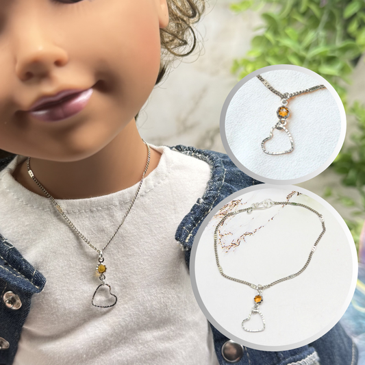 Yellow Orange Crystal Silver Open Heart Charm Doll Necklace • 18 Inch Fashion Doll Jewelry