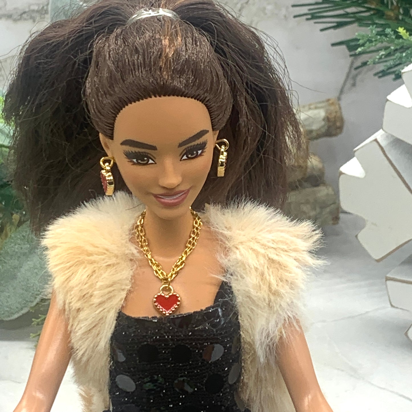 Red Heart Gold Chain Doll Necklace Earring Set • 11-12” Fashion Doll Jewelry
