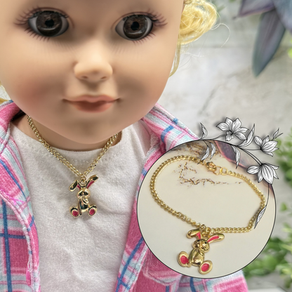 Bright Pink Accent Floppy Ear Bunny Charm Gold Doll Necklace • 18 Inch Fashion Doll Jewelry