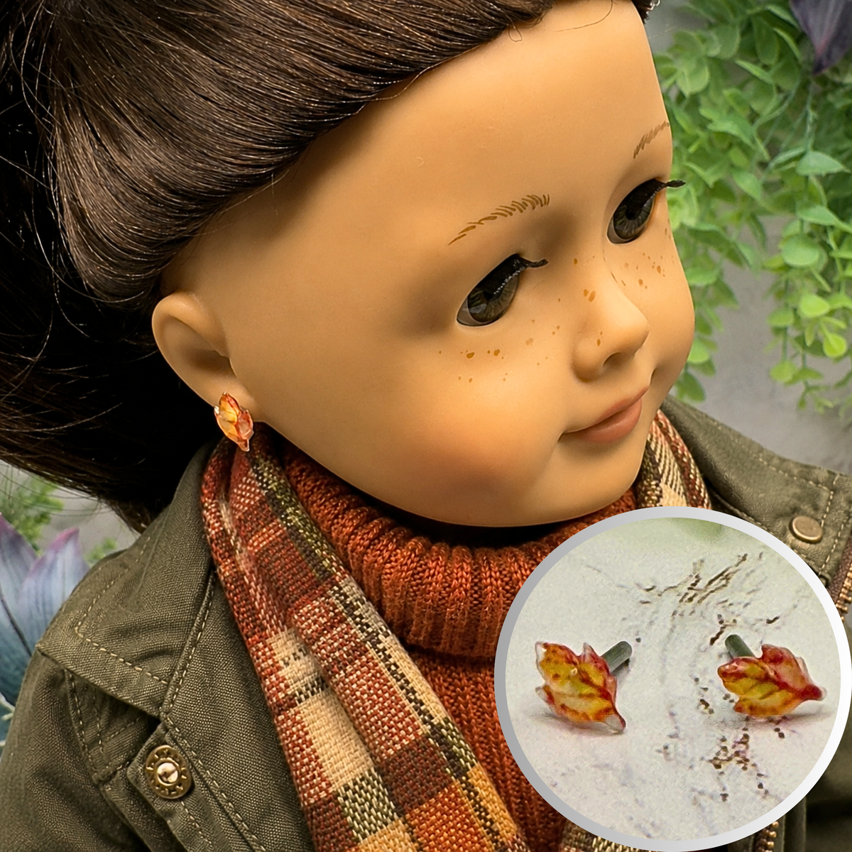 Orange Golden Autumn Fall Leaf 2mm Post Doll Earrings • 18 Inch Fashion Doll