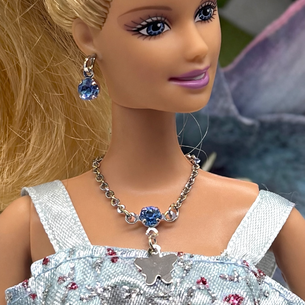Blue Rhinestone Silver Butterfly Charm Doll Necklace & Earrings for 10-12 Inch Fashion Dolls 1:6