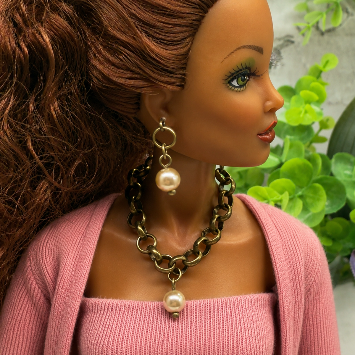 Brass Bronze Large Link Pearl Dangle Doll Necklace & Earrings Set • 16 Inch Fashion Doll Jewelry