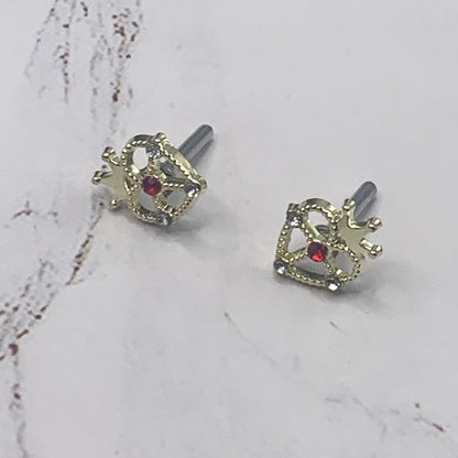 Crown Heart Red Rhinestone Post Doll Earrings 2mm Post • fits 18” American Girl