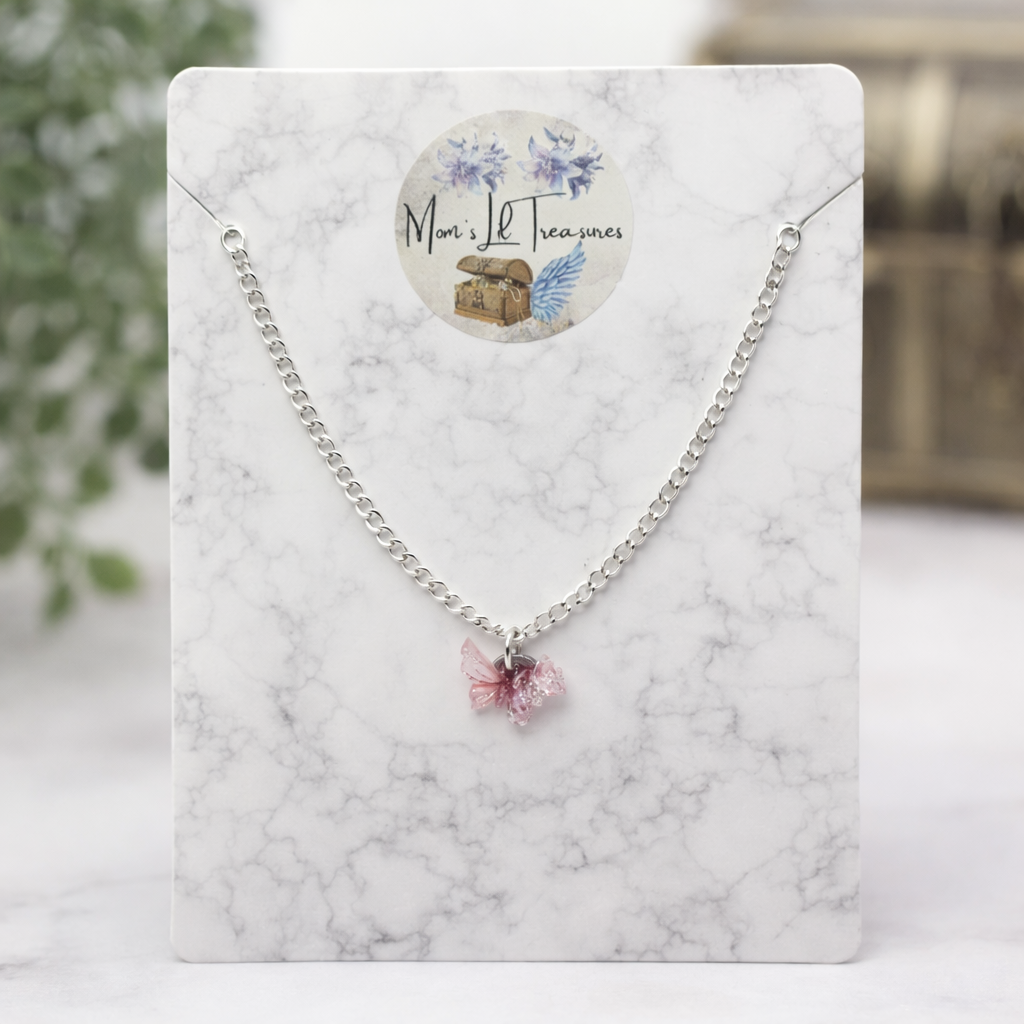 Pink White Glittery Acrylic Floral Butterfly Charm Silver Chain Doll Necklace • 18 Inch Fashion Doll Jewelry