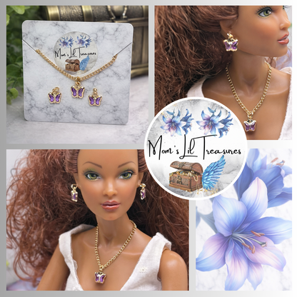 Purple Acrylic Crystal Butterfly Charm Gold Doll Necklace and Earrings for 16 Inch Fashion Dolls