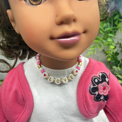 LOVE Pink White Gold Beaded Valentine’s Day Doll Necklace • 18 Inch Fashion Doll Jewelry