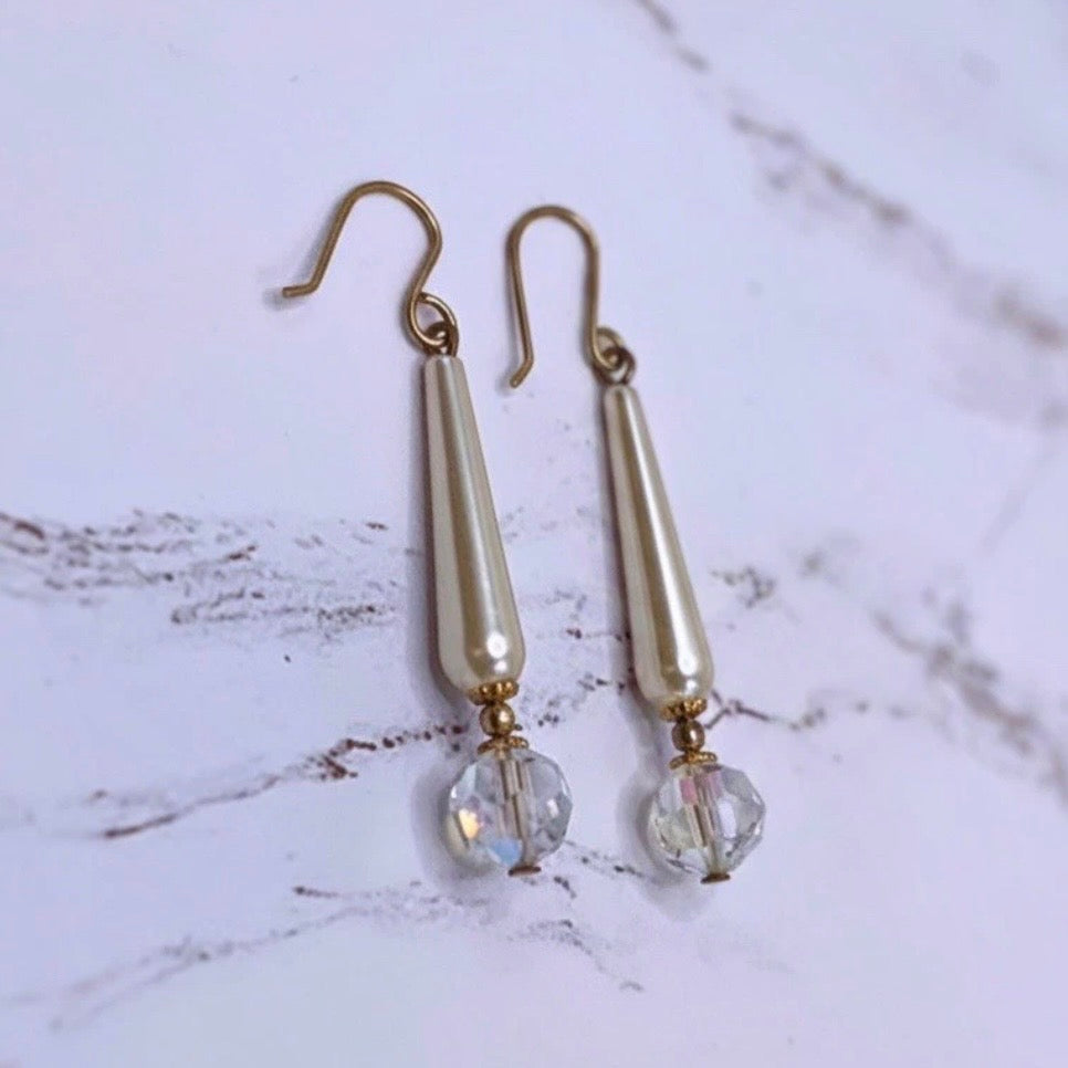 Elongated Teardrop Pearl & Clear Crystal Drop Dangle Earrings • Handmade