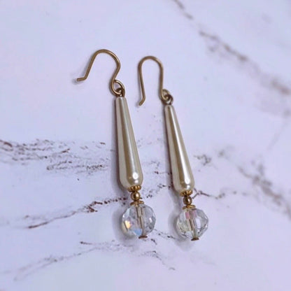 Elongated Teardrop Pearl & Clear Crystal Drop Dangle Earrings • Handmade
