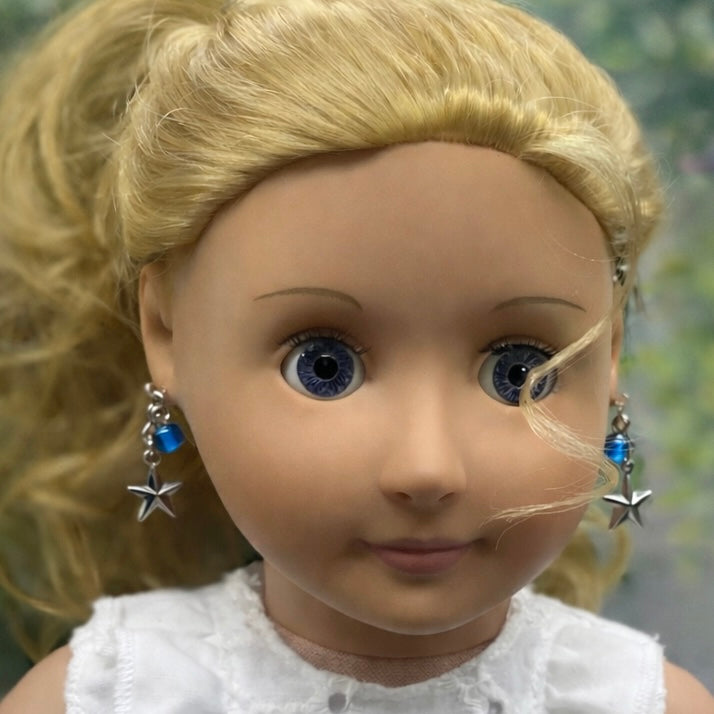 Blue Glass Silver Star Dangle Doll Earrings • 18 Inch Fashion Doll Jewelry