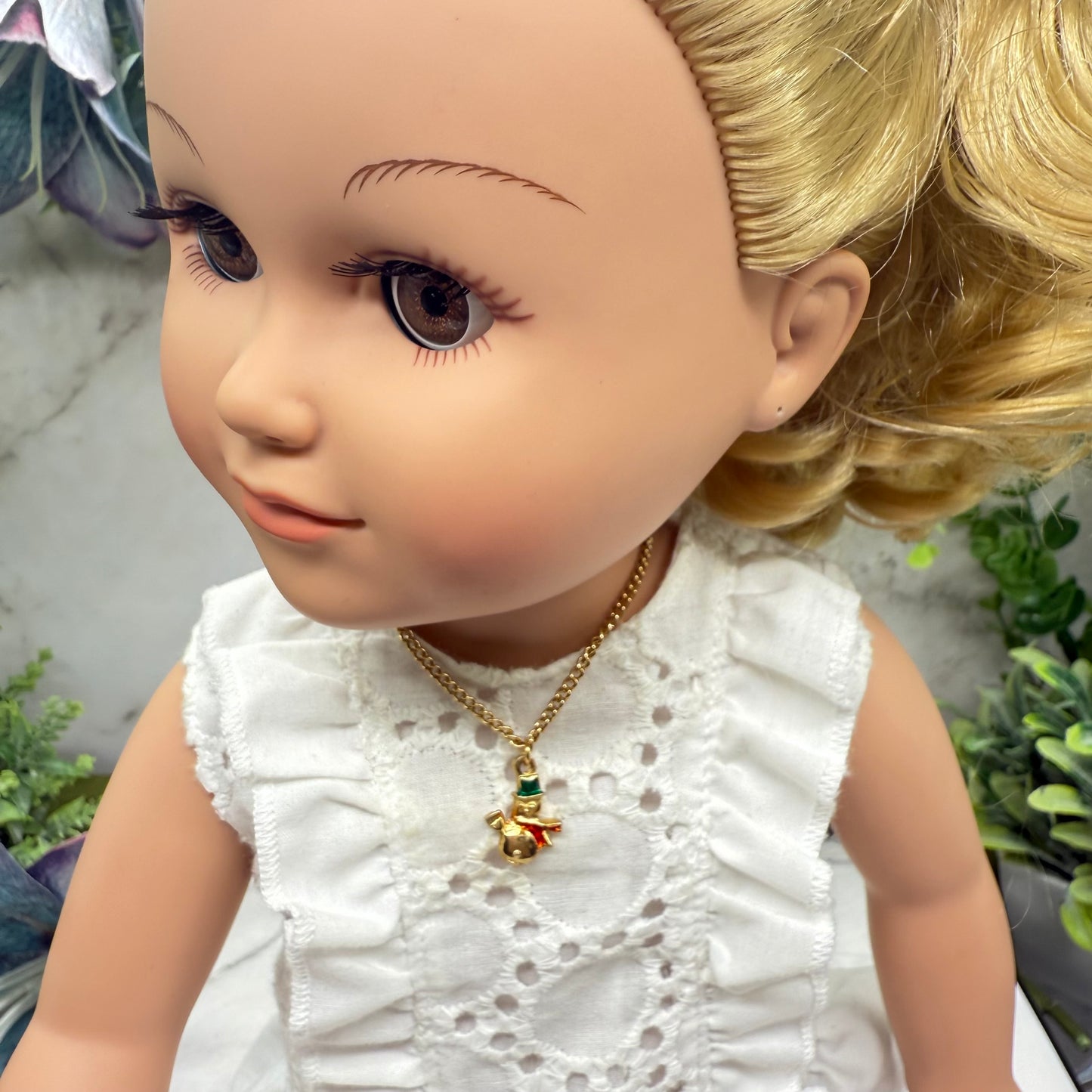 Christmas Snowman Gold Charm Doll Necklace • 18 Inch Fashion Doll Jewelry