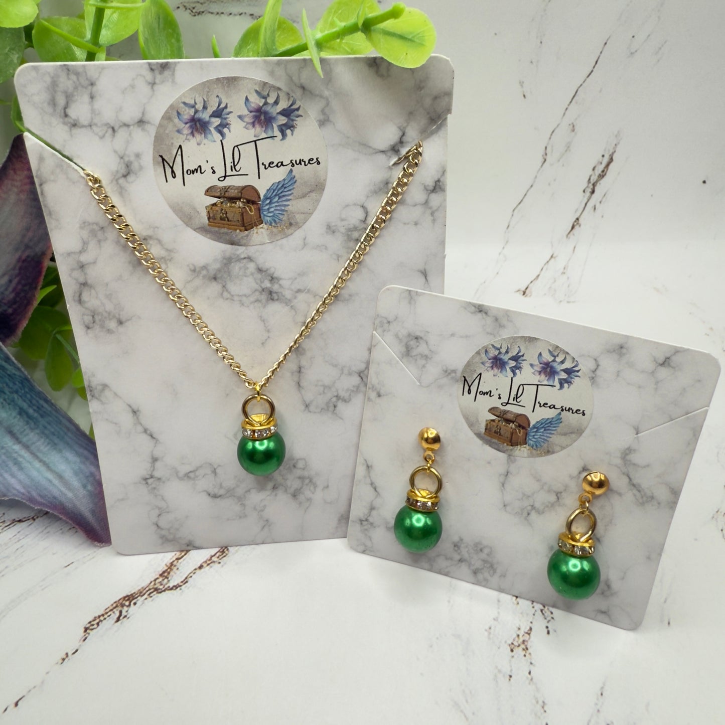 Green Christmas Ball Ornament Charm Doll Necklace & Dangle Doll Earrings • 2mm Post for 18 Inch Fashion Doll