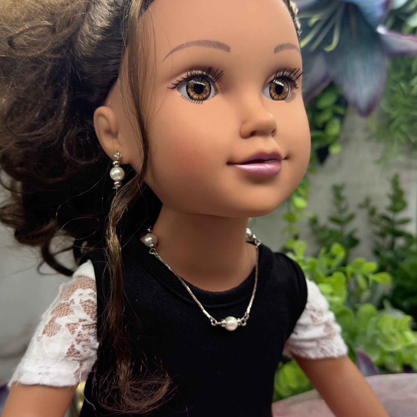 Silver Serpentine Chain w/ Pearl Doll Necklace & Earrings • 18 Inch Fashion Doll Jewelry