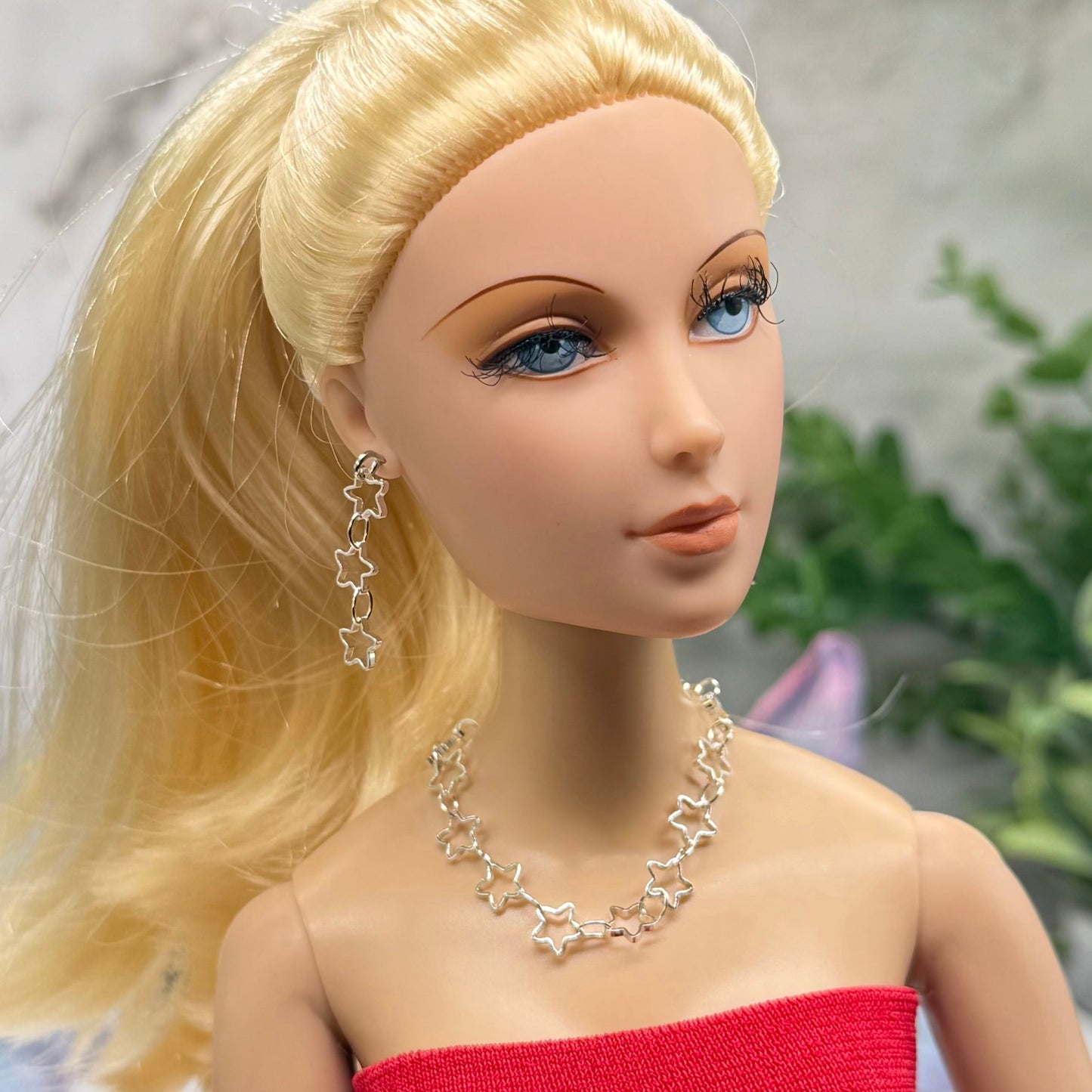 Open Work Silver Star Chain Doll Necklace & Earrings Set for 16 Inch Fashion Doll