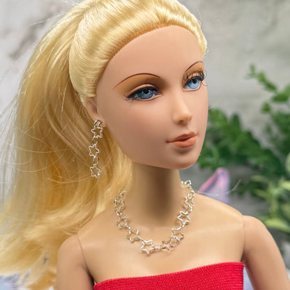 Open Work Silver Star Chain Doll Necklace & Earrings Set for 16 Inch Fashion Doll