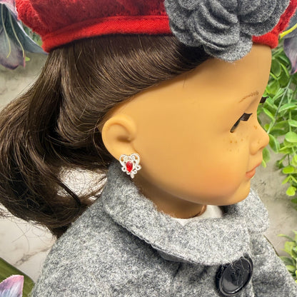 Red Rhinestone Silver Filigree Heart Post Doll Earrings • 2mm and Post for 18 Inch Fashion Doll