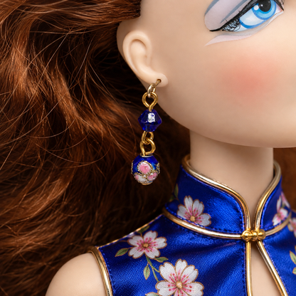 Dark Blue Cloisonné Flower Design Doll Earrings • 16 Inch Fashion Doll Jewelry
