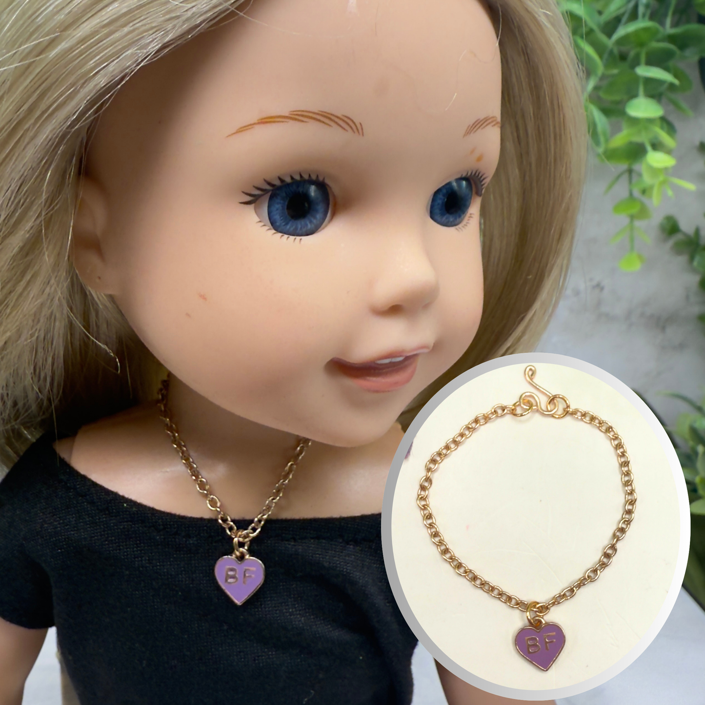 BF Purple Heart Charm Gold Chain Doll Necklace • 14 Inch Doll Jewelry