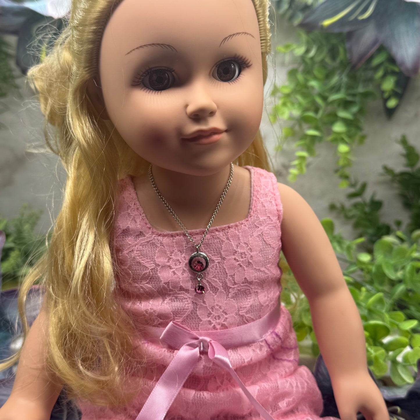 Pink Rhinestone Circle Dangle Pendant Doll Necklace • 18” Fashion Doll Jewelry