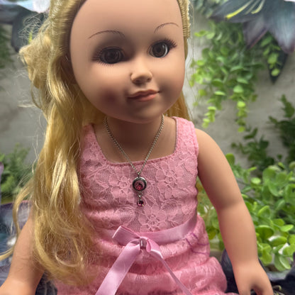 Pink Rhinestone Circle Dangle Pendant Doll Necklace • 18” Fashion Doll Jewelry