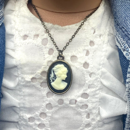Black White Cameo Pendant Bronze Tone Chain Doll Necklace • 18” Doll Jewelry