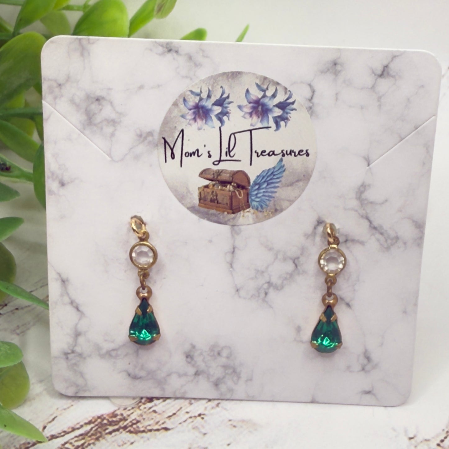 Green Teardrop Rhinestone Clear Crystal Dangle Doll Earrings • 16 Inch Fashion Doll Jewelry