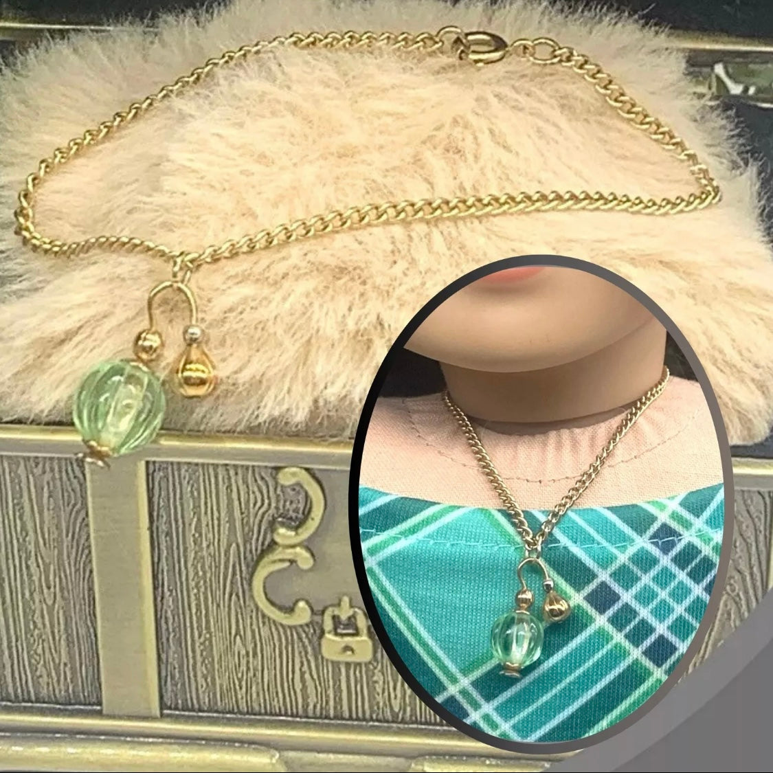 Green Perfume Bottle Look Pendant Doll Necklace • 18 inch Fashion Doll Jewelry
