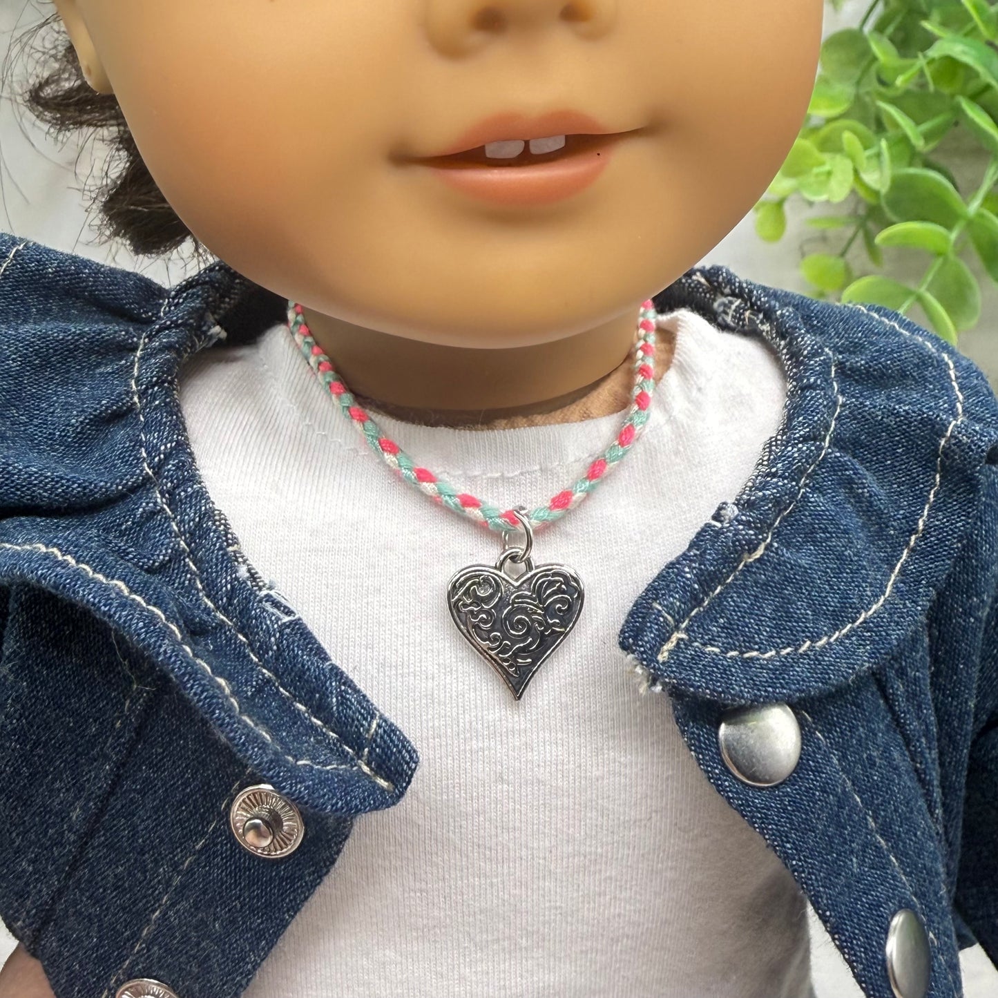 Pink Blue White Braided Thread Silver Heart yuhCharm Doll Necklace • 18 Inch Fashion Doll Jewelry