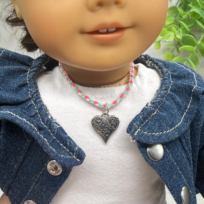 Pink Blue White Braided Thread Silver Heart yuhCharm Doll Necklace • 18 Inch Fashion Doll Jewelry
