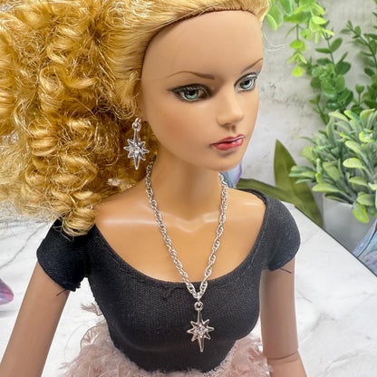 Silver Starburst Pendant Doll Necklace & Earrings • 16 Inch Fashion Doll Jewelry