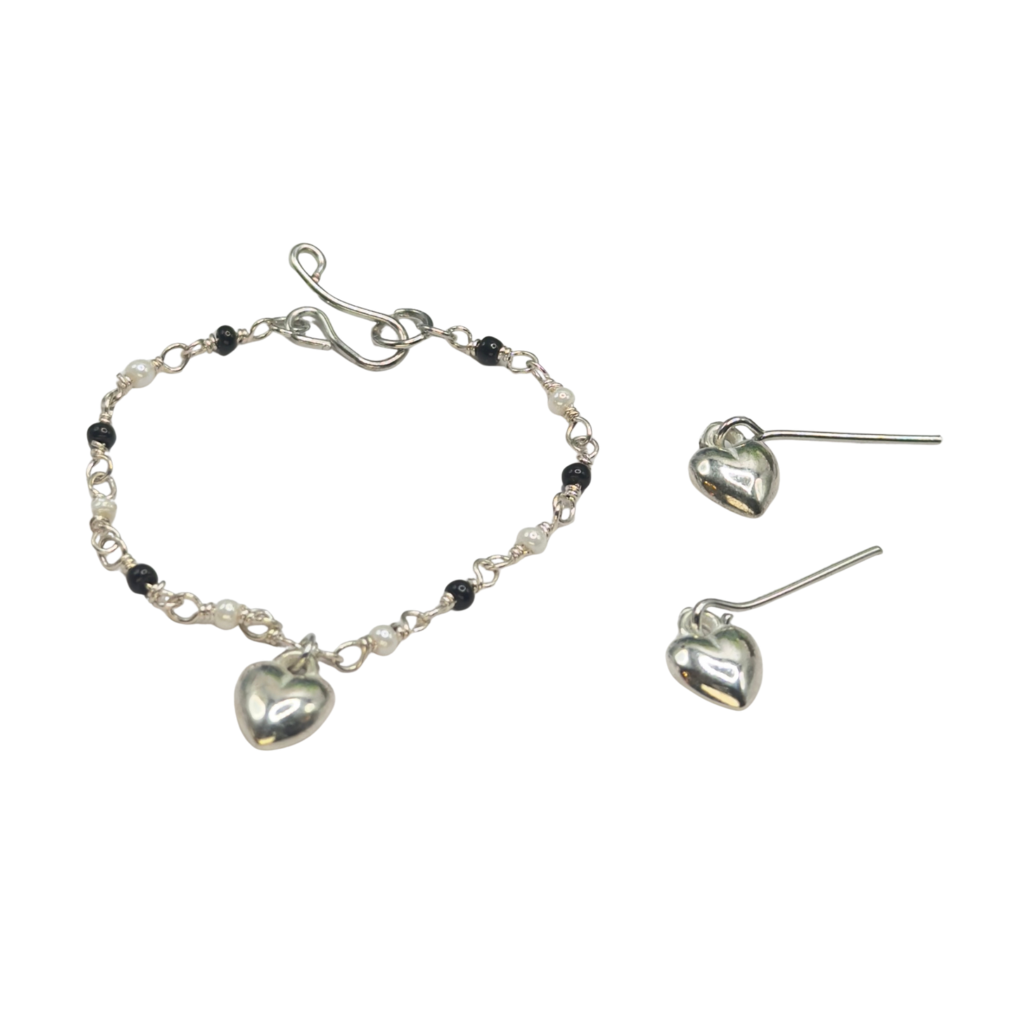 Black & Pearl Beaded Silver Heart Charm Doll Necklace & Earrings • 14 Inch Fashion Doll Jewelry
