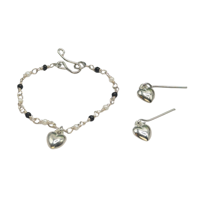 Black & Pearl Beaded Silver Heart Charm Doll Necklace & Earrings • 14 Inch Fashion Doll Jewelry