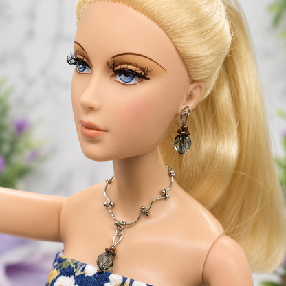 Grayish Green Crystal Silver Chain Doll Necklace Earring Bracelet Set • 16” Doll Jewelry