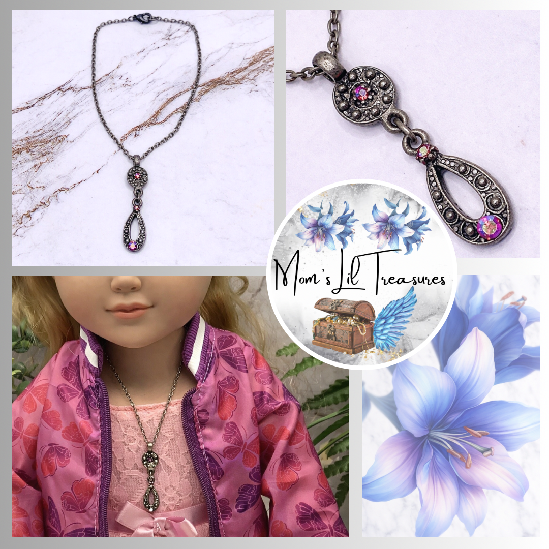 Red AB Rhinestone Dangle Pendant Gun Metal Doll Necklace • 18 Inch Doll Jewelry