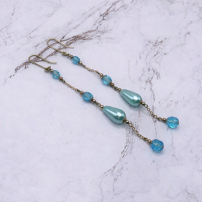 Handmade Duster Dangle Earrings -  Turquoise Crystal Faux Pearl Gold Tone Chain