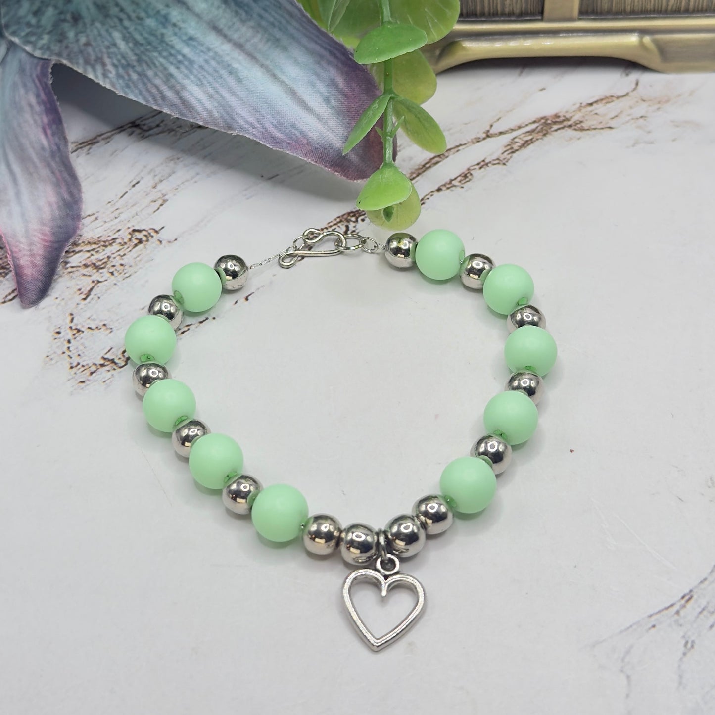 Light Green Acrylic & Silver Beaded Open Heart Charm Doll Necklace • 18 Inch Fashion Doll Jewelry