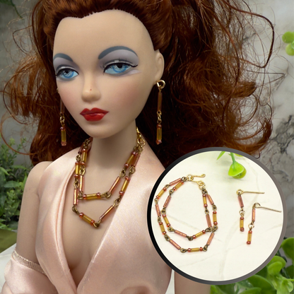 Pink Orange Glass Doll Necklace Earrings Set • 16” Fashion Doll Jewelry