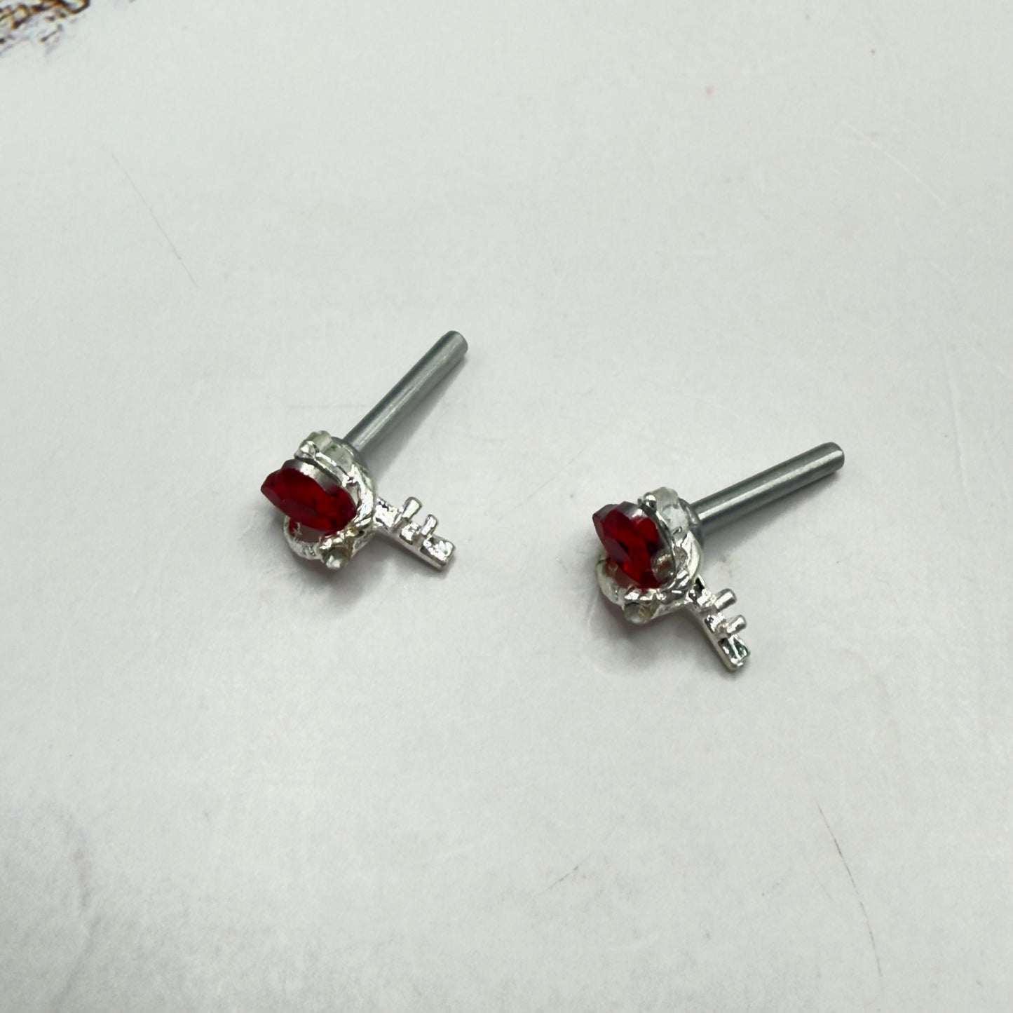 Red Rhinestone Heart Silver Key Post Doll Earrings • 2mm Post for 18 Inch Fashion Doll