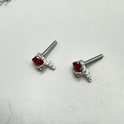 Red Rhinestone Heart Silver Key Post Doll Earrings • 2mm Post for 18 Inch Fashion Doll