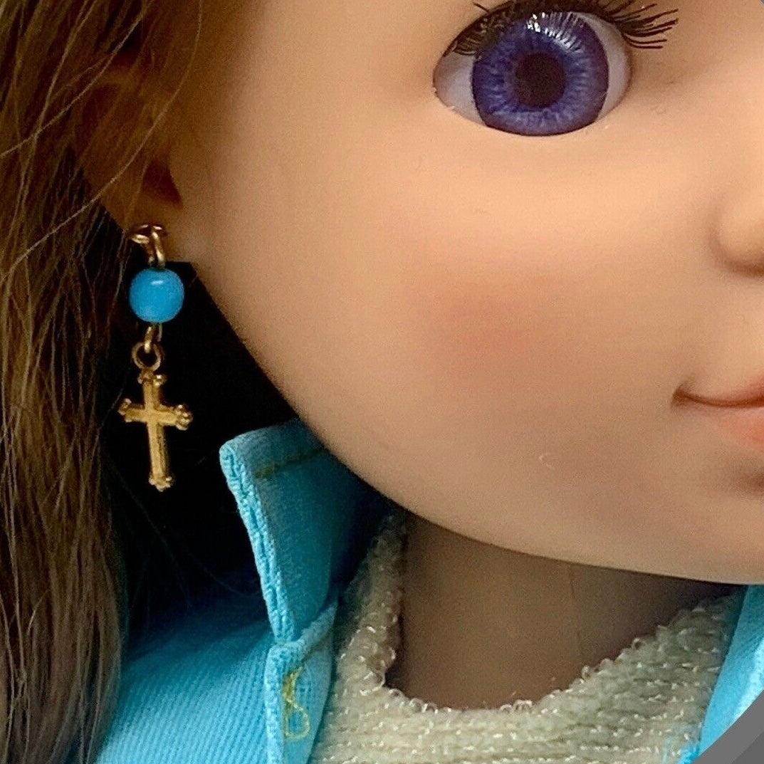 Turquoise Blue Glass Gold Cross Dangle Doll Earrings · 14” Fashion Doll Jewelry