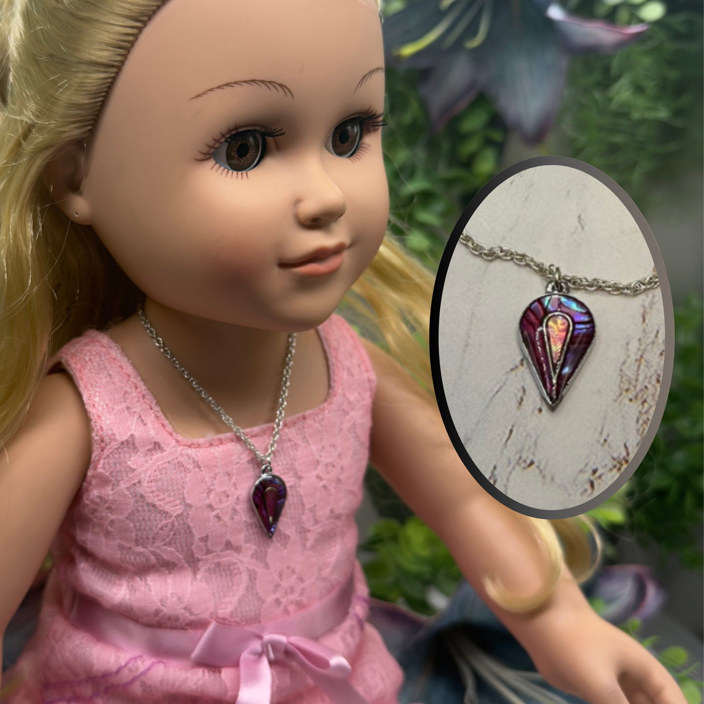 Teardrop Multi Color Abalone Charm Silver Chain Doll Necklace • 18” Doll Jewelry