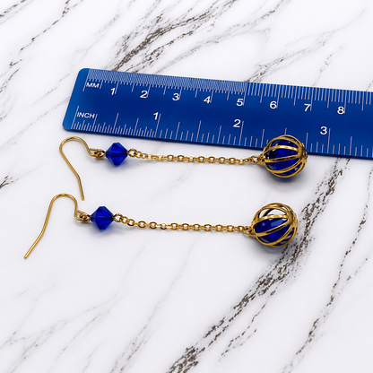 Blue Crystal and Gold Tone Chain Cage Bead Dangle Earrings - Handmade