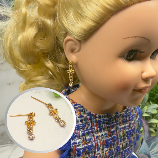Gold Filigree Clear Rhinestone Dangle Doll Earrings • 18 Inch Fashion Doll Jewelry