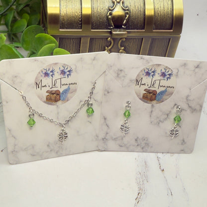 Silver Shamrock Charms Green Crystal Dangles Doll Necklace & Earrings • 14 Inch Fashion Doll Jewelry